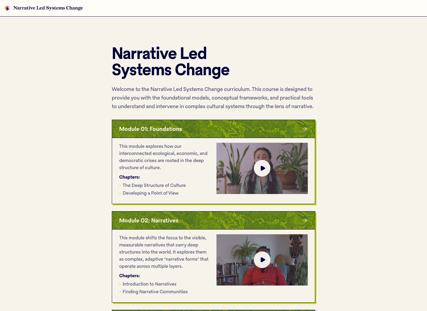 The curriculum platform’s overview, with Foundations and Narratives modules, chapter links, and presenter video thumbnails.