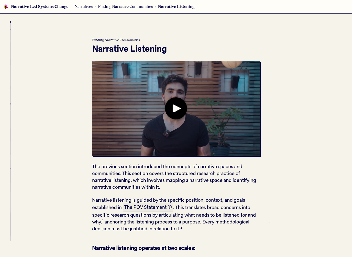 The Narrative Listening lesson, showing a presenter video, lesson navigation, reading material, and references.